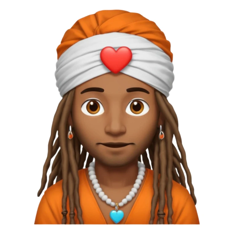 Brownskin man with long dreadlocks orange shirt add white ruffled turban with heart eyes sticker