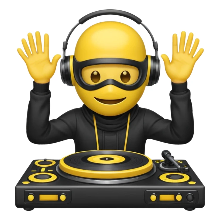 Make a customized yellow head emoji with hands and holding a dj turn table  in a  ninja face mask sticker