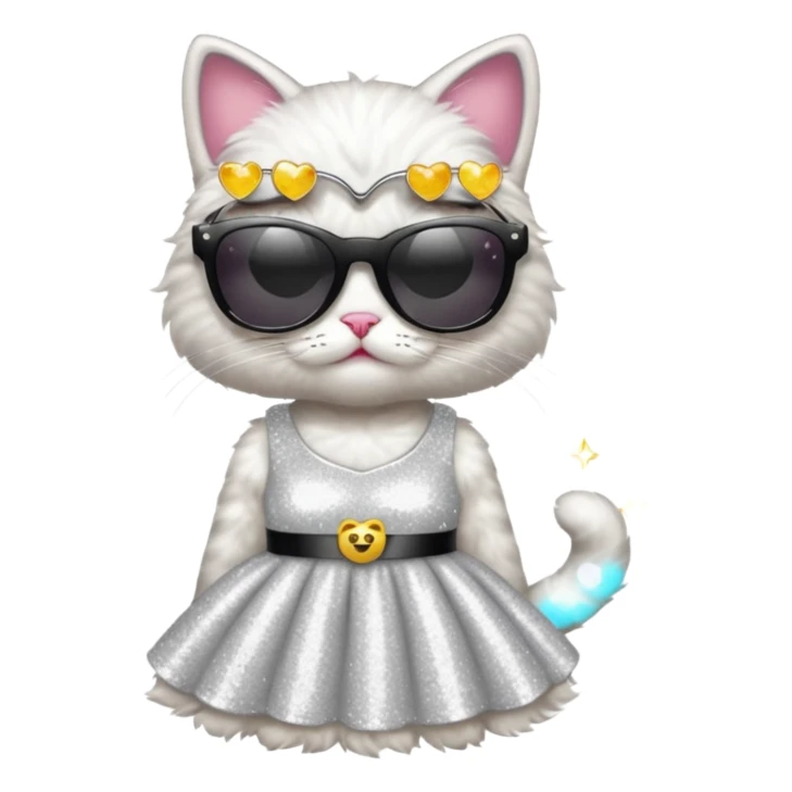 a cat dressed as a glamorous celebrity, wearing sunglasses and a sparkling outfit, emoji style sticker