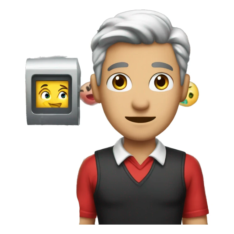 a male cashier in red dress next to chashier machine sticker