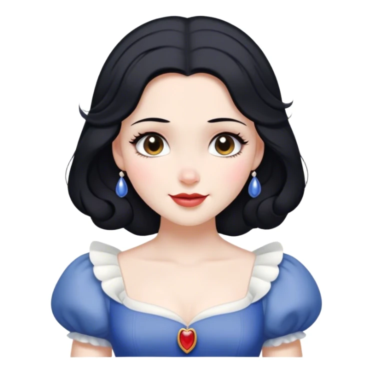 Cinematic Radiant Snow White Portrait Emoji, rendered in a realistic, vector style with clean proportions. Show Snow White with a soft, welcoming smile, delicate porcelain skin, and neatly arranged raven hair, wearing her timeless dress. The image radiates a warm, inviting glow, high shine, and is enhanced by a soft glowing outline that accentuates her gentle beauty. sticker