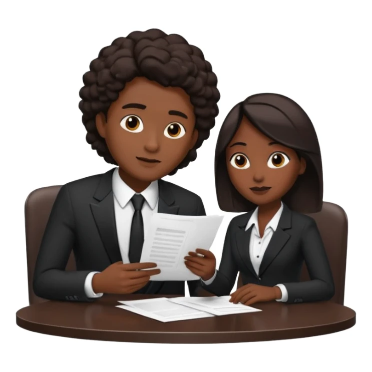 man in formal suit talking to woman in formal suit, they sit, papers in hands on the table sticker