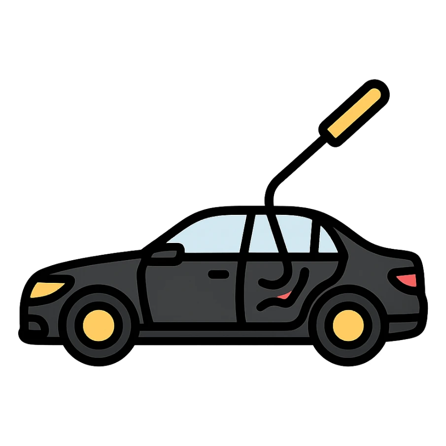 icon of a high-end black car with a subtle rod or hook tool touching a dent, matte black as main color, fine silver lines for contrast, simple style, focus on dent repair sticker