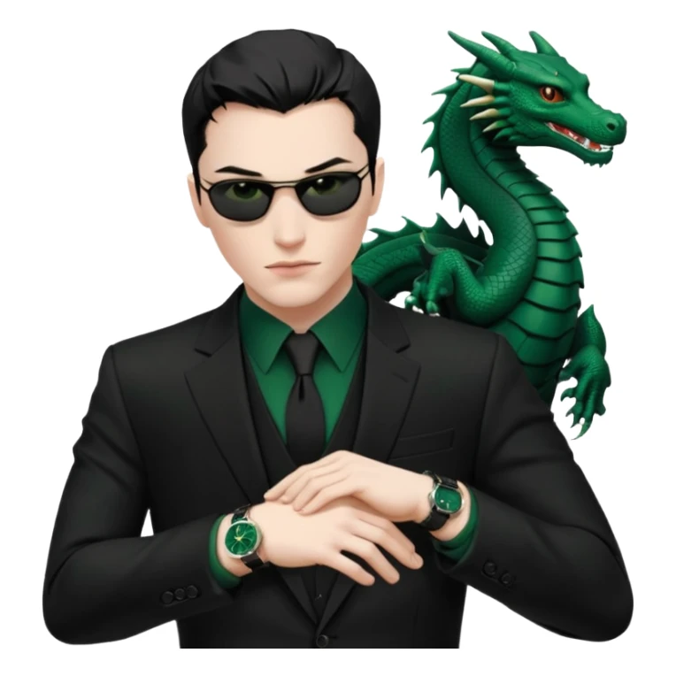 mysterious scenery: green audemars piguet watch (without text), black bugatti, and a dark green dragon, and a mysterious agent from The Matrix sticker