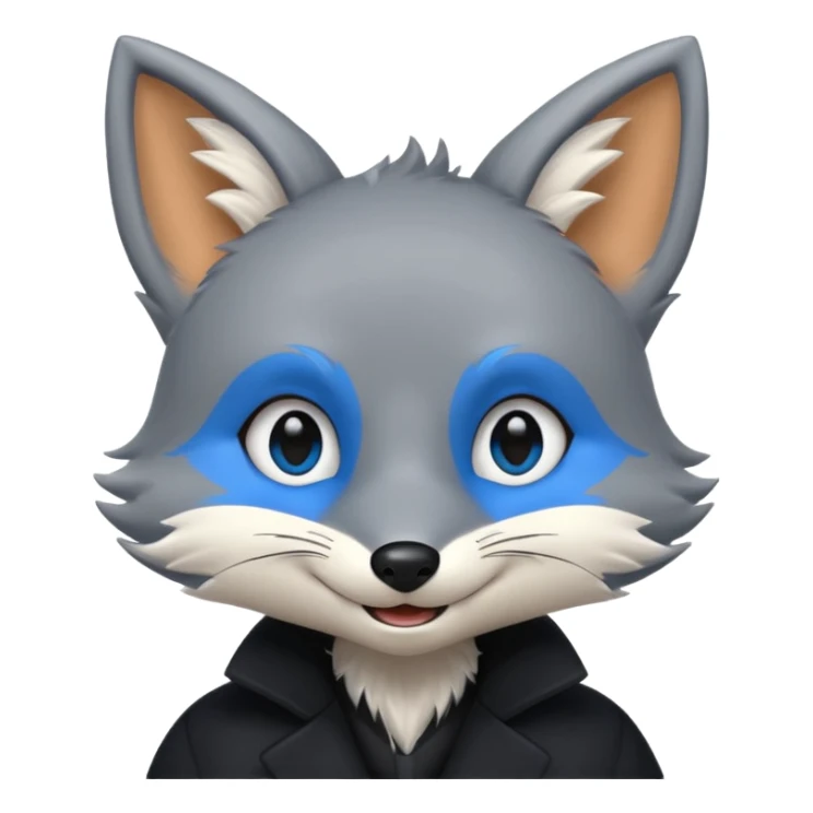 Grey anthropomorphic furry fox with a black coat, blue eyes, and a small fringe of black hair in head, smiling sticker