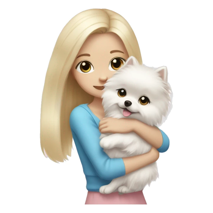 Blond girl white skin blue eyes hugging white Pomeranian with light pink bow sticker
