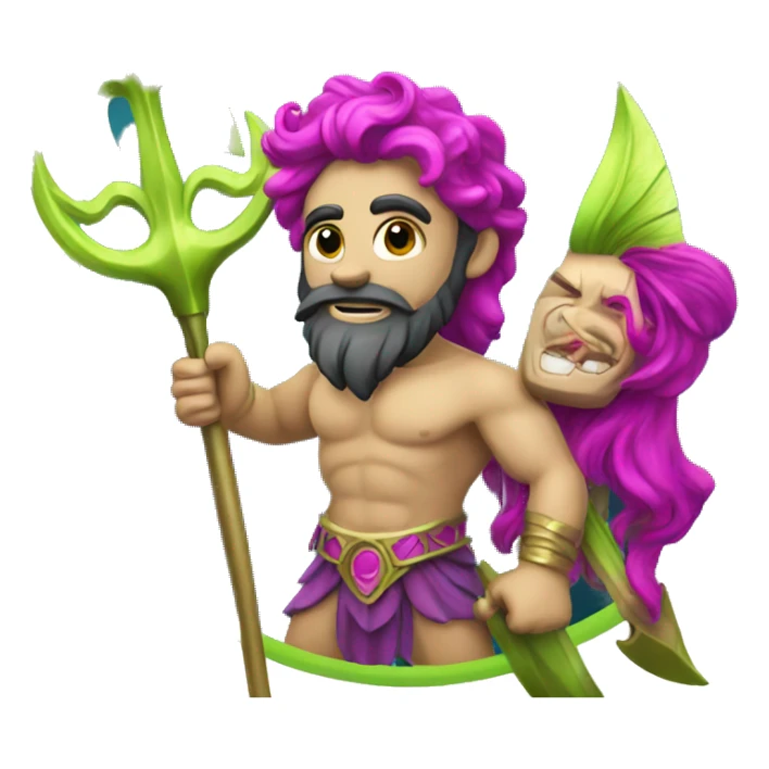poseidon with magenta and lime hair. holding a trident. sticker