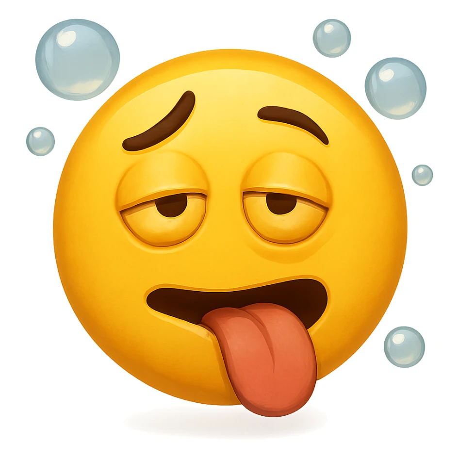 yellow face with tongue out, one eyebrow raised, bubbles, drunk expression sticker