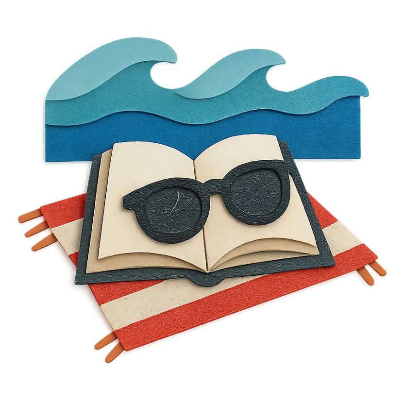open book on a beach towel, with sunglasses and ocean waves in the background, paper-craft style sticker