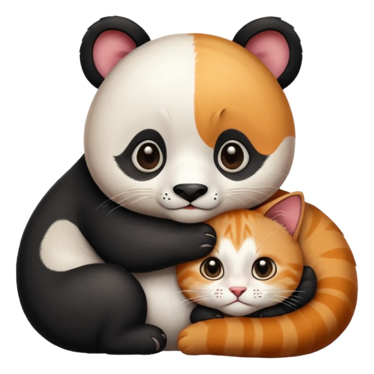 Panda hugging a  cat. The cat has 4 half its face ginger and the other half black sticker