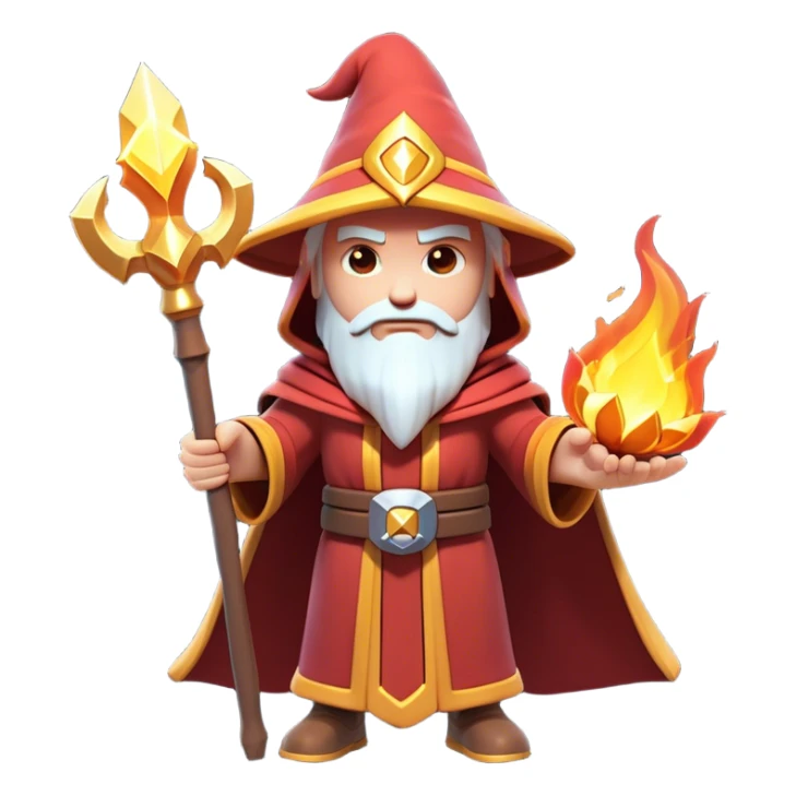 Clash of Clans aesthetic: Cinematic heroic powerful fire Wizard Hero  close up Emoji, rendered in a 3D vector-style similar to standard emojis with minimal shading and bold, simplified shapes. A compact, isometric figure draped in flowing enchanted robes and wielding a mystical staff, softly glowing with an arcane magical charm. Simplified yet unmistakably iconic, highly detailed and consistent, glowing with a soft radiant glow and high shine. Stylized with a touch of whimsical sorcery and a soft glowing outline, capturing the essence of a powerful wizard ready to cast spells with a friendly, playful spirit! sticker