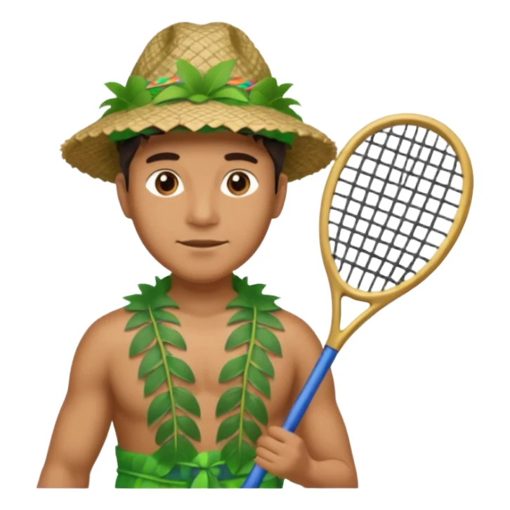 Hawaiian man with leaf hat and big net racket and colorful cloth sticker