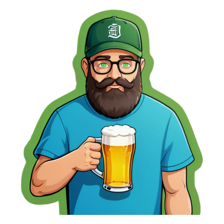 A man with a grey baseball cap, green eyes, big dark brown beard and glasses, drinking beer sticker