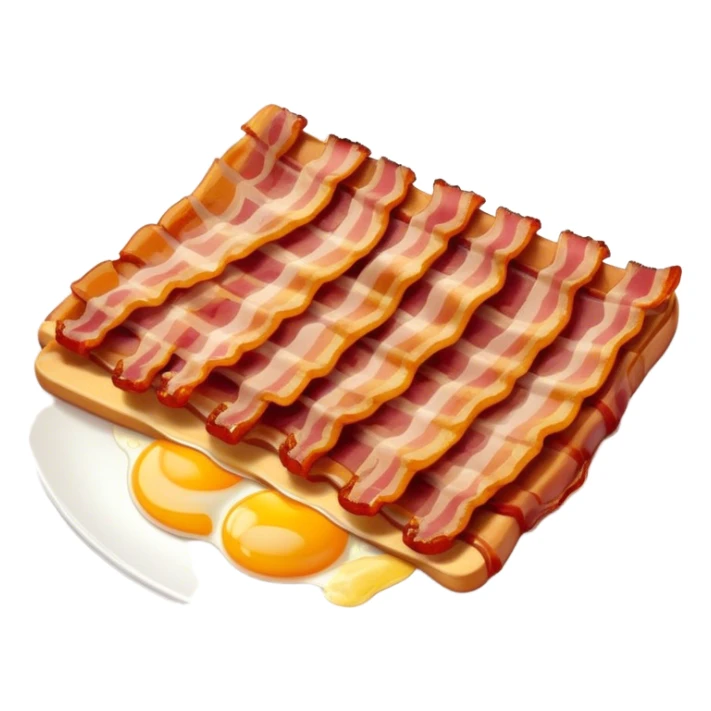 Cinematic crispy sizzling bacon, slightly curled, golden-brown with a perfect crunch, glistening with rich flavor, deep warm tones, served on a breakfast plate, comforting and indulgent. sticker