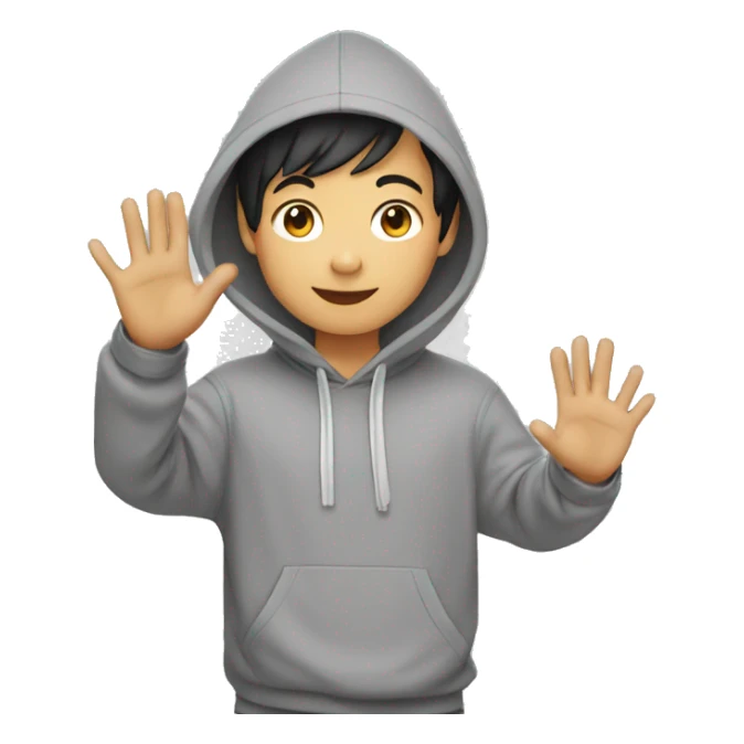 asian boy in grey hoodie waving at friends sticker