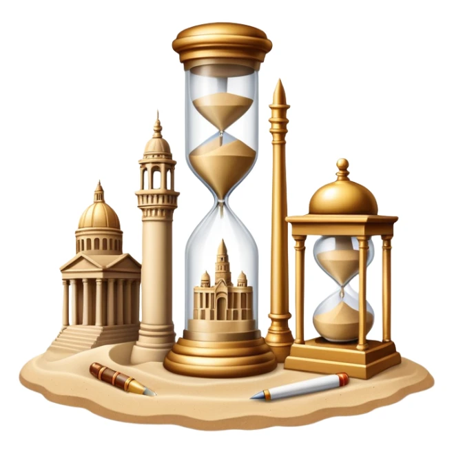 icon featuring ancient scrolls, quill pen with famous historical landmarks and monuments in the background. Large, antique sand clocks with sand pouring out represent the passage of time. Historical figures are depicted as statues. Transparent background. sticker
