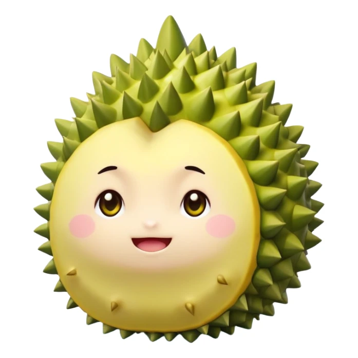 A chibi-style round durian character with green spiky shell and yellow flesh, blushing and shy with sparkly eyes – pastel tones sticker