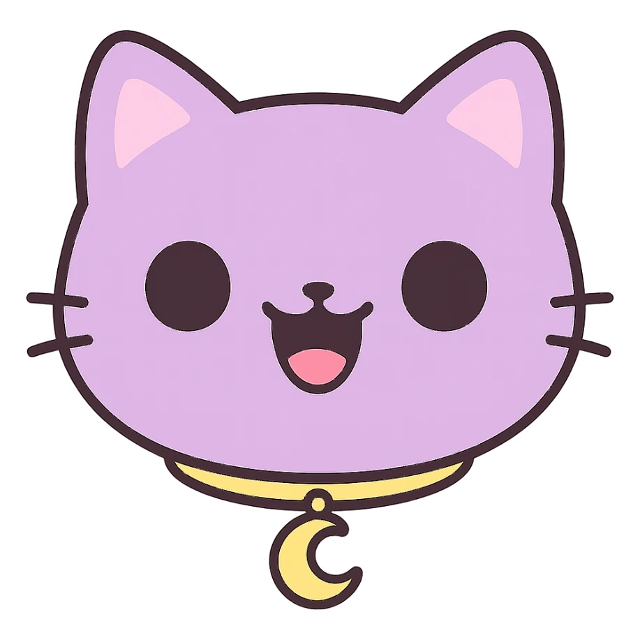 Create an image of just the head of a purple cat with solid black eyes, a wide open black mouth with no teeth, and a visible gold crescent moon pendant. The background should be removed, leaving only the cat's head and pendant visible. sticker