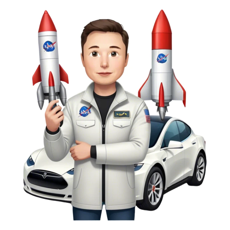 Elon musk holding a Nasa rocket and tesla car sticker