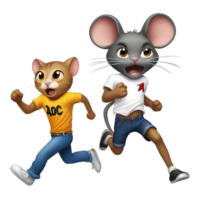 a mouse being chased by a cat with ac/dc shirt on sticker