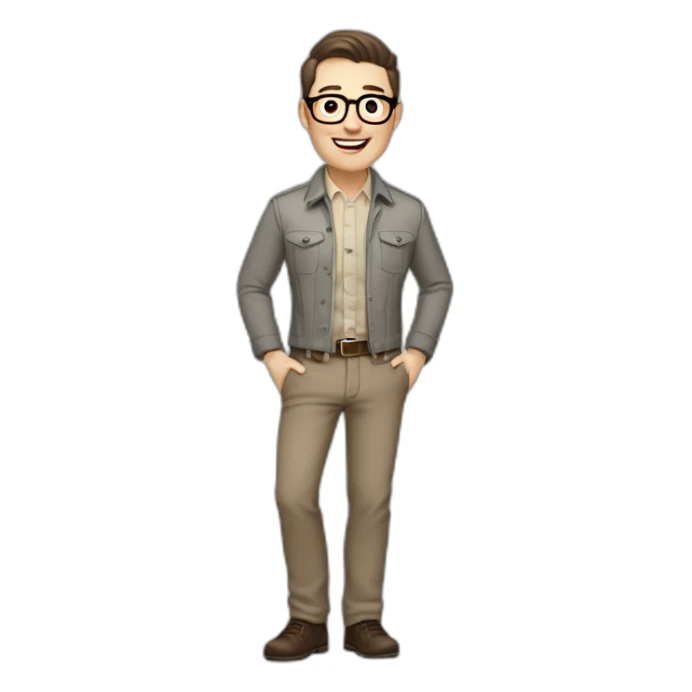 Joyful Full height Pale skinned Fit Man With dark brown hair in gray jacket, beige office shirt, Brown pants and vintage glasses. His thrumbs up sticker