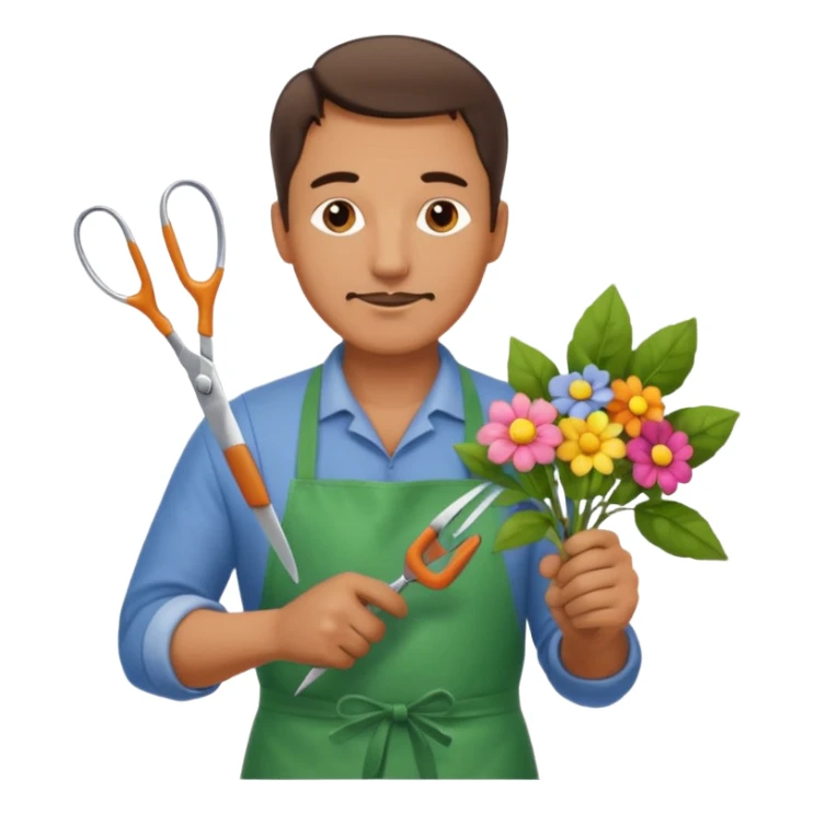 Middle-aged male florist – apron on, trimming stems with scissors sticker