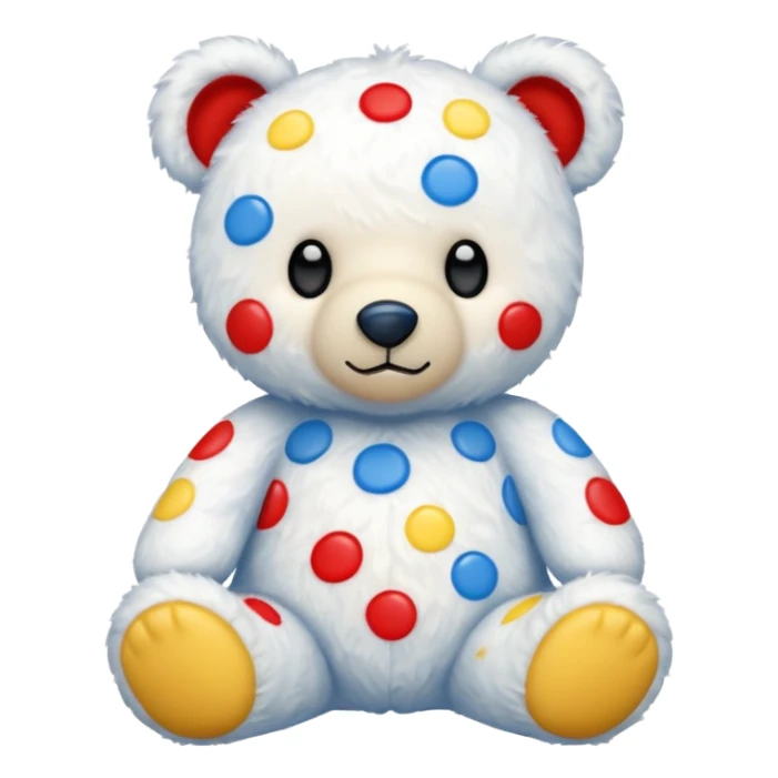 White teddy bear covered with blue, red and yellow spots sticker