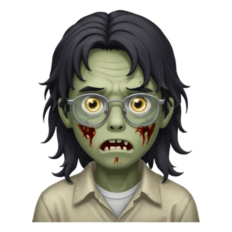 Faça um adolescente zombie com cara de assutado com cortes no rosto, com óculos é cabelos grandes ondulado preto, masculino  sticker