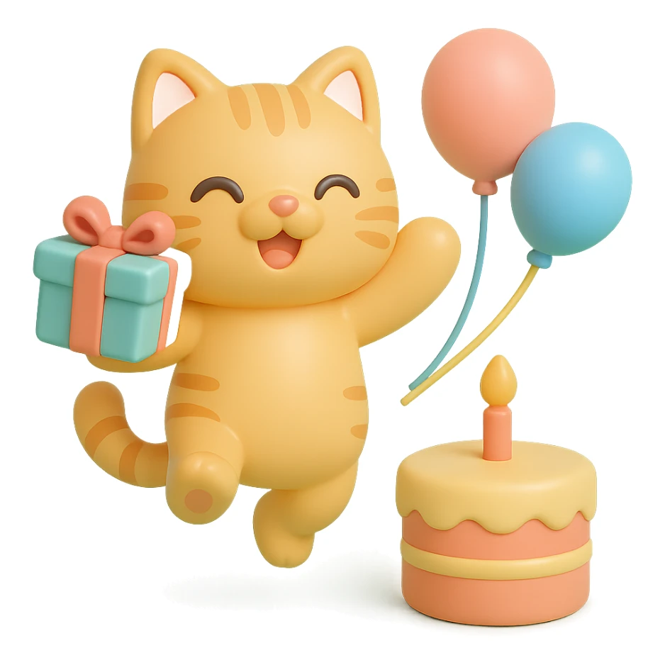 ginger tabby kitten jumping with joy, holding a birthday gift, birthday cake and balloons in background sticker