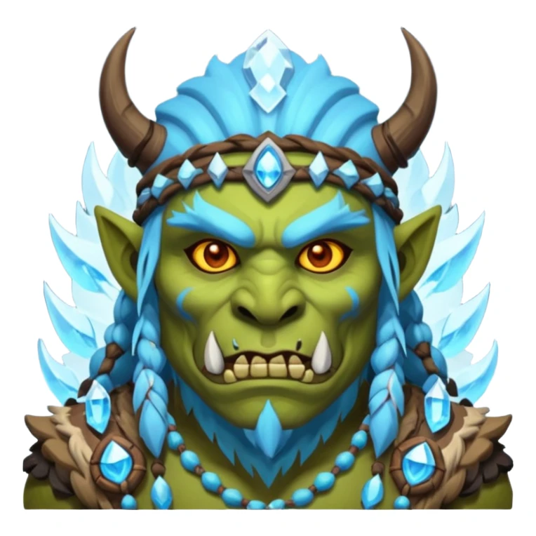Fantasy Christmas orc shaman icon, ice spirit magic theme, glowing runes, winter tribal mask elements, mystical cold atmosphere, emoji sized portrait, male/female variant sticker