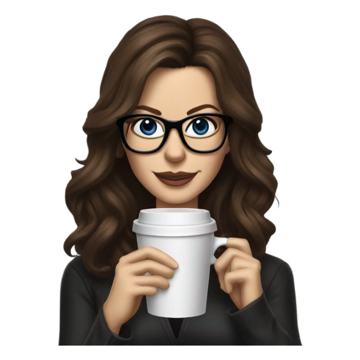 Hyper Realistic Kate Beckinsale dark blue eyes wearing glasses drinking coffee at a laptop  sticker