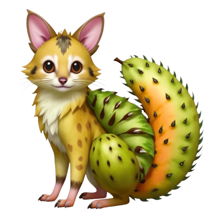 Hyper realistic  tropical-fruit-splash-colored fur of kiwi-green-lime-green-gradients, papaya-orange, and dragonfruit-pink chaos beautiful elegant pretty precious cute  Fakémon-Pokémon-opossum-feline-serval-caracal-chinchilla-Furret-Minccino-hybrid-creature with a big fluffy bushy tail (full body) sticker