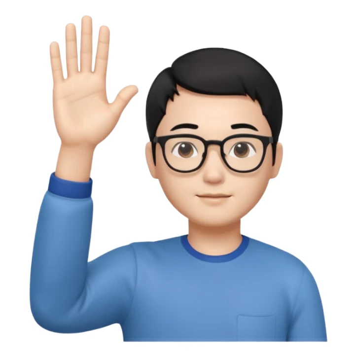 3D avatar of a Korean male frontend developer,
soft friendly expression,
short black hair with middle part,
one hand raised as if explaining,
clean and minimal style sticker