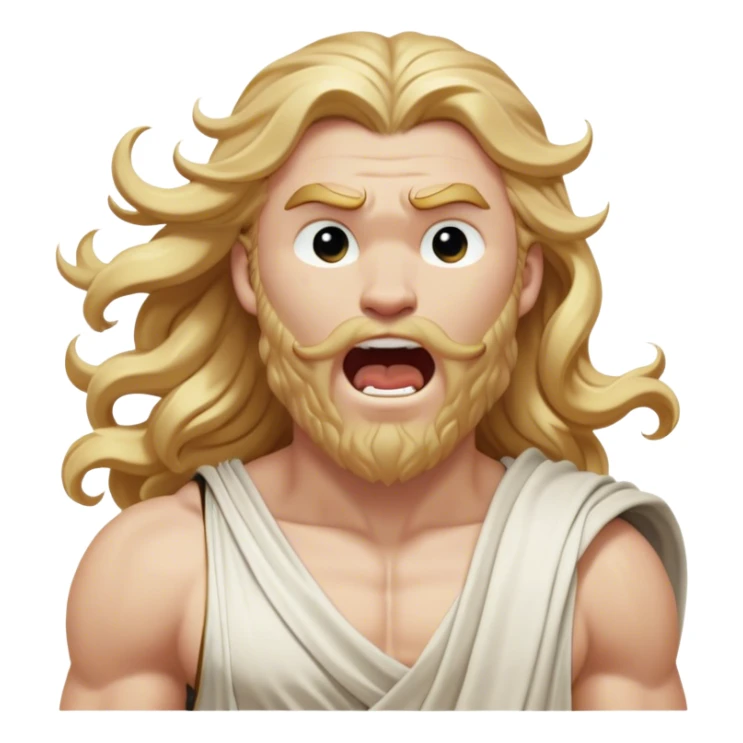 Cinematic Realistic Thor Portrait, head tilted slightly with a dramatic, wide-open yawn, revealing a moment of unguarded human vulnerability amidst his divine stature. His fair, luminous skin and elegantly styled, wavy golden hair maintain their sculptural perfection even in repose. Dressed in a flowing white toga with understated golden accents, the portrait is bathed in soft natural light, capturing a rare glimpse of relaxed, timeless strength from a Greek god reborn. sticker