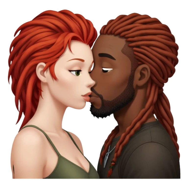 Mulher de cabelos ruivos e pele branca. O homem tem dreads nos cabelos e é negro. Ambos se beijando.  sticker