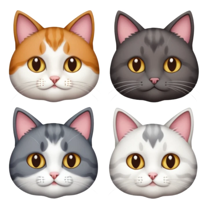 4 different coloured short haired cats including; a dark brown t and white cat, and a dark grey and white  sticker