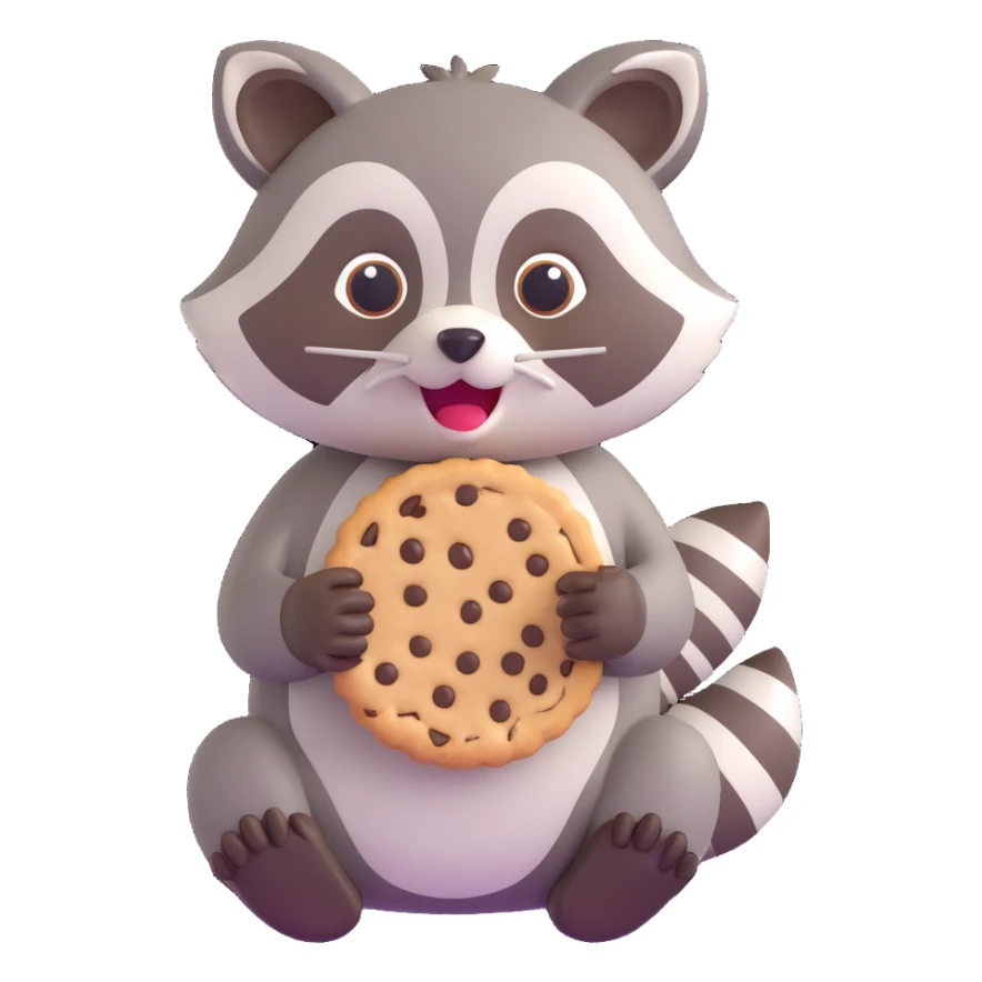 mischievous raccoon holding a cookie, 3D emoji style sticker
