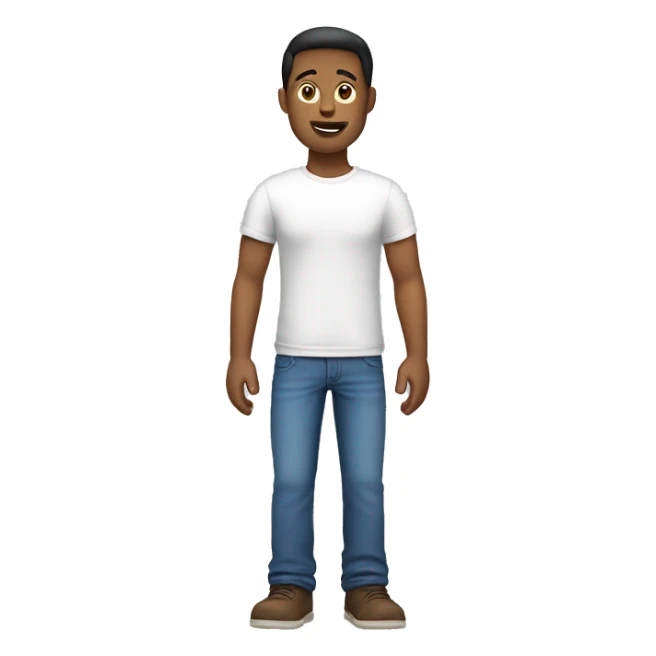 a male, full body. waving with his left hand. From the front.  Dressed with a round collar, white tshirt and blue jeans sticker