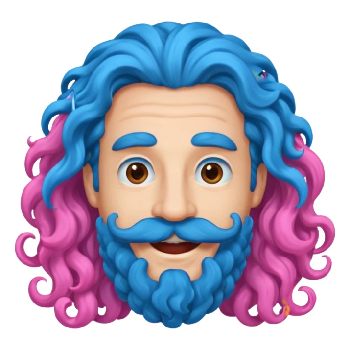 man with very curly long blue hair pink big mustache  sticker