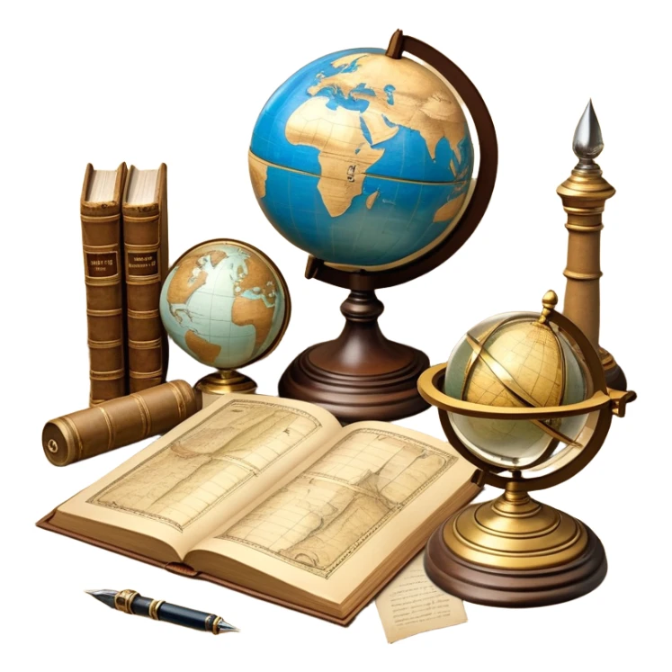 An icon featuring ancient scrolls, a quill pen, and large, old-fashioned sand clocks, symbolizing the study of history. The design includes a globe and a timeline with significant historical events, set against ruins to evoke past civilizations. Transparent background highlights the passage of time. sticker