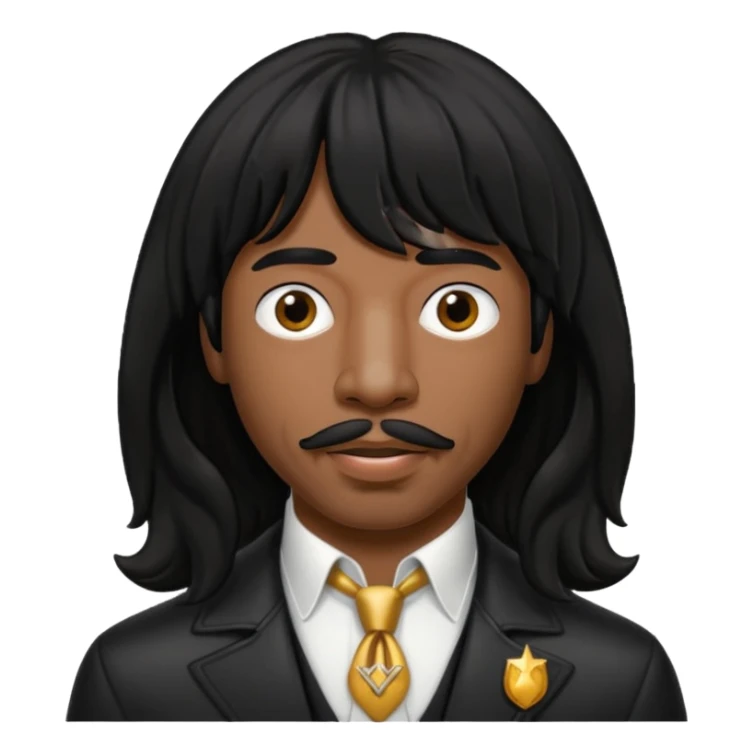 Rick James with black long hair and thin mustache sticker