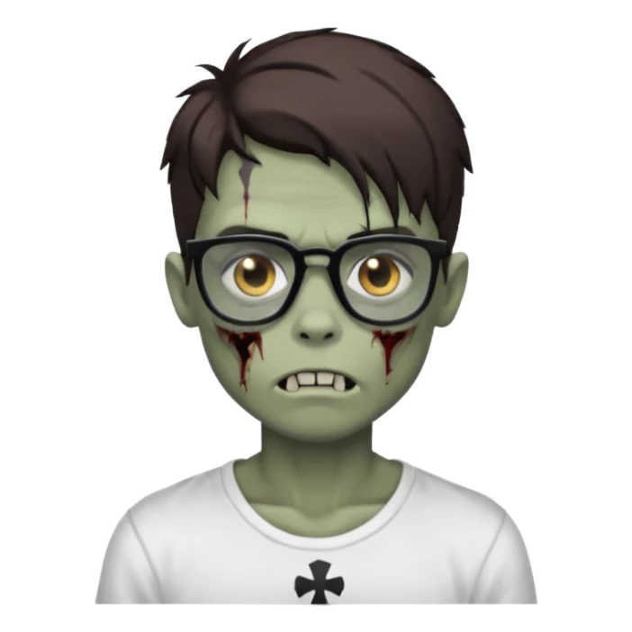 long brown haired zombie boy with black highlights, black glasses, white t shirt, hard collarbone sticker
