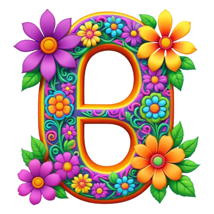 3D, gothic style psychedelic colored Letter “G” with hippie style flower border sticker