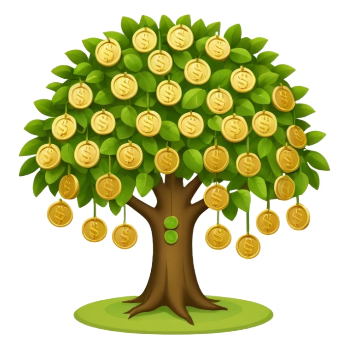 Apple-style money tree (not so mush coins), round soft green canopy.
No pot, no ground — only the tree.
Small gold coins as fruits inside the leaves (not below).
Flat 2D vector, clean shapes, no gradients.
Dark near-black background, premium fintech icon. sticker
