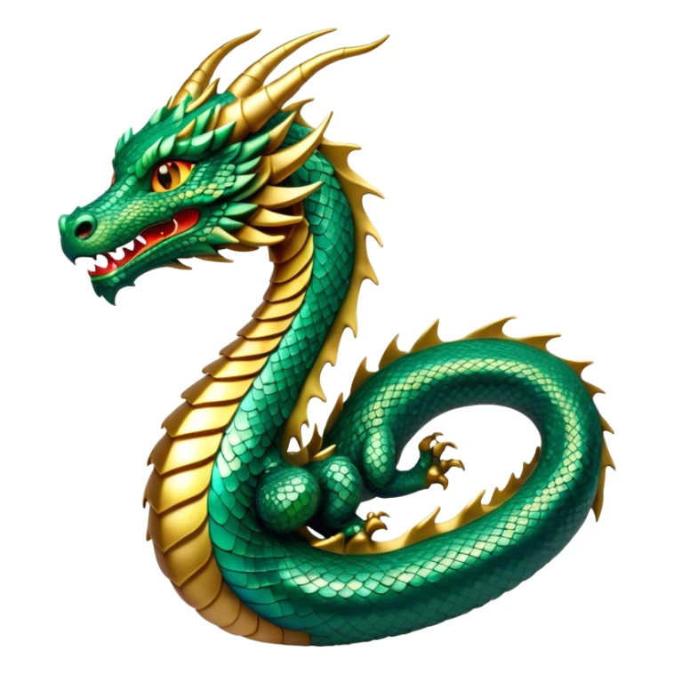 Cinematic Noble Dragon Portrait Emoji, Poised and majestic, with a sinuous, elongated body covered in intricately detailed, shimmering scales in hues of emerald and gold, and piercing, fiery eyes that reflect ancient wisdom; rendered with lifelike texture and natural highlights, high shine, intelligent and formidable, styled with an aura of mythic power, focused and attentive, soft glowing outline, capturing the essence of a legendary dragon that appears ready to soar out of the screen with timeless authority! sticker