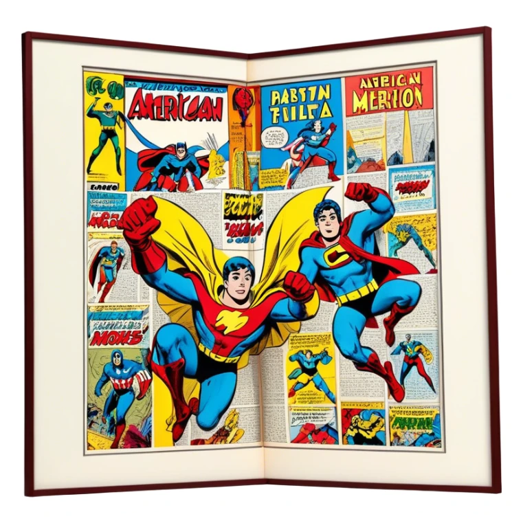 Create a detailed and vintage-inspired emoji representing comic books and graphic novels as a storytelling art form. The design should feature a large, open comic book with pages filled with classic American comic book panels. Include bold, dynamic lines and vibrant colors typical of vintage comics. A pencil (without a hand) should be writing text on the page, symbolizing the creation of the story. The overall design should evoke the classic feel of old-school comic books while incorporating the process of creating a graphic novel. Use rich, bold colors like red, yellow, and blue, and make the background transparent sticker