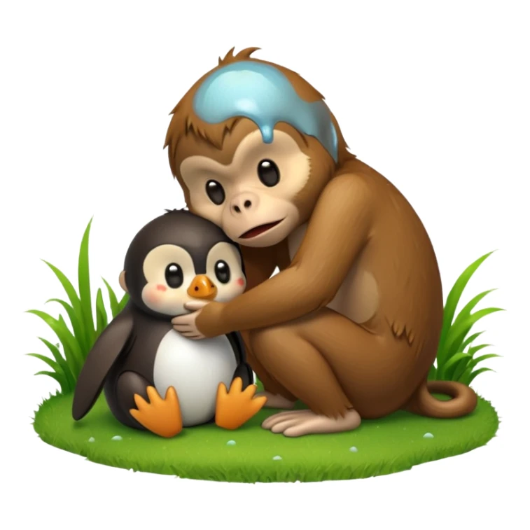A monkey melting and crying while having a penguin on its head and both of them are touching grass sticker