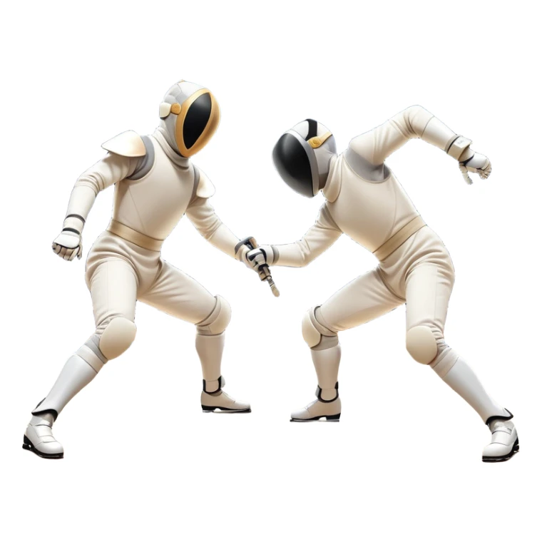 Two fencers in full protective gear and masks duel on a professional piste, swords clashing mid-air. Dynamic lunges and defensive stances highlight the intensity of the sport. The background features a stylized fencing arena with bright lights. Transparent background sticker