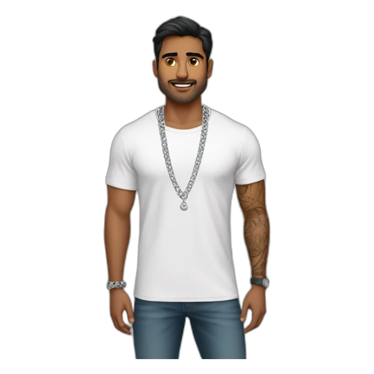 A strong Indian man wearing men silver chain,styled on a Full sleeve tshirt sticker
