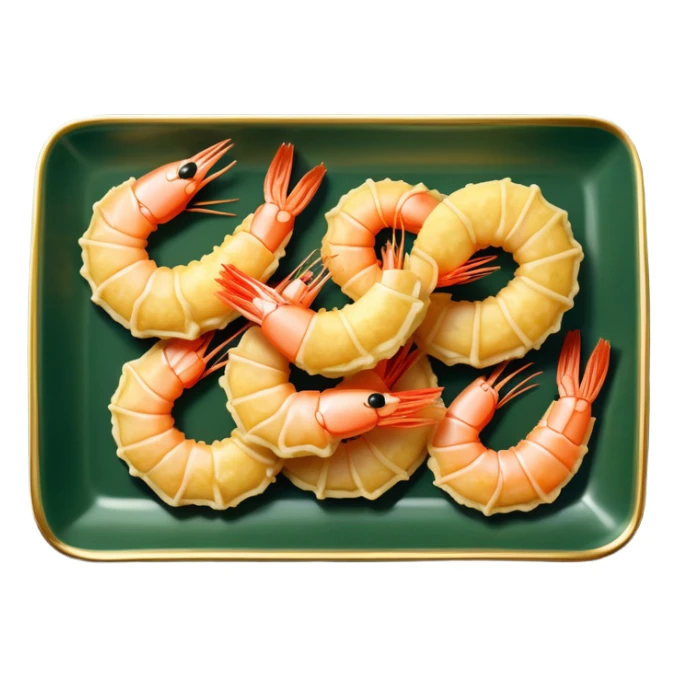 Tempura shrimps on an elegant rectangular dark green porcelain tray sticker